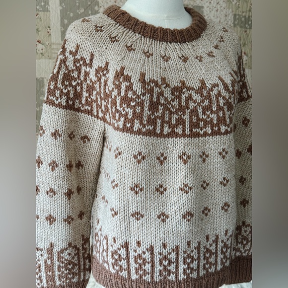 Vintage Nordic Style Hand-Made Sweater | Chunky Brown and Cream Winter Knit - Picture 7 of 12